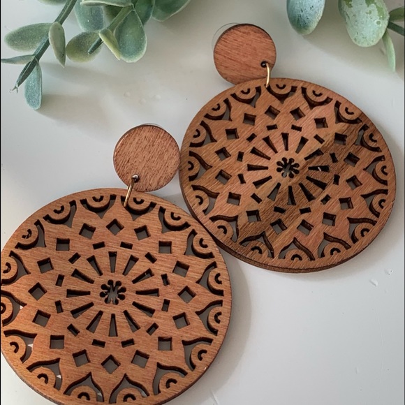 Wood Mandala Round Statement Earrings - Picture 7 of 7